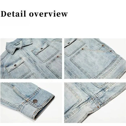 American Retro Trendy Washed Slub Multi - Pocket Denim Jacket Spring and Autumn Men's Windproof Motorcycle Jacket