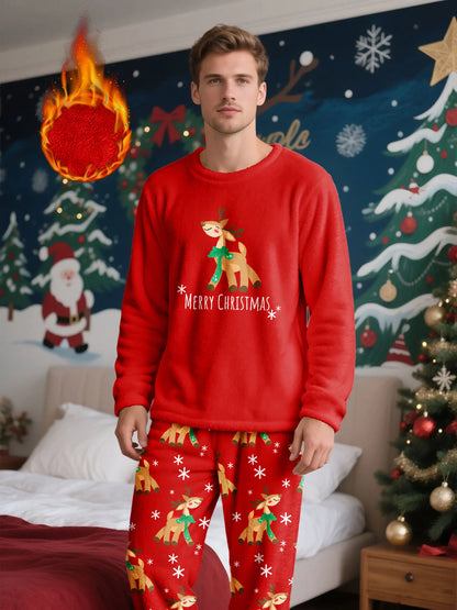 Men's Christmas-themed fleece pajama set, featuring a long-sleeve top and matching pants, comfortable and casual loungewear