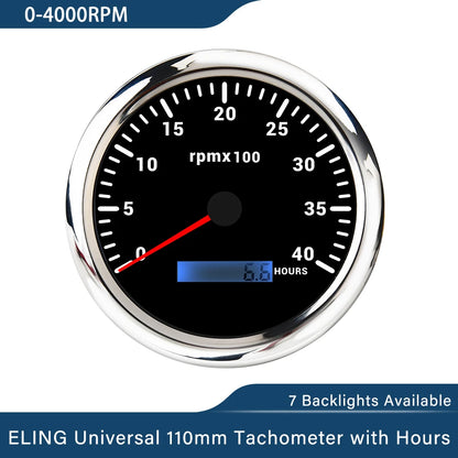 ELING 110mm Tachometer 0-3000 0-4000 0-6000 0-7000 0-8000 RPM LCD Hour Meter with 7 Colors Backlight for Car Boat Yacht 9-32V