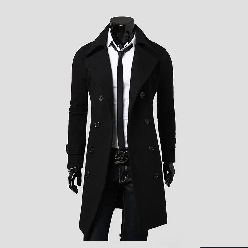 Mens Double Breasted Trench Coat Wool Blend 2025 Autumn Winter Solid Casual Slim Fit Long Jacket Wool Coat Fashion Mens Clothing