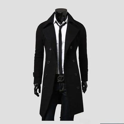Mens Double Breasted Trench Coat Wool Blend 2025 Autumn Winter Solid Casual Slim Fit Long Jacket Wool Coat Fashion Mens Clothing