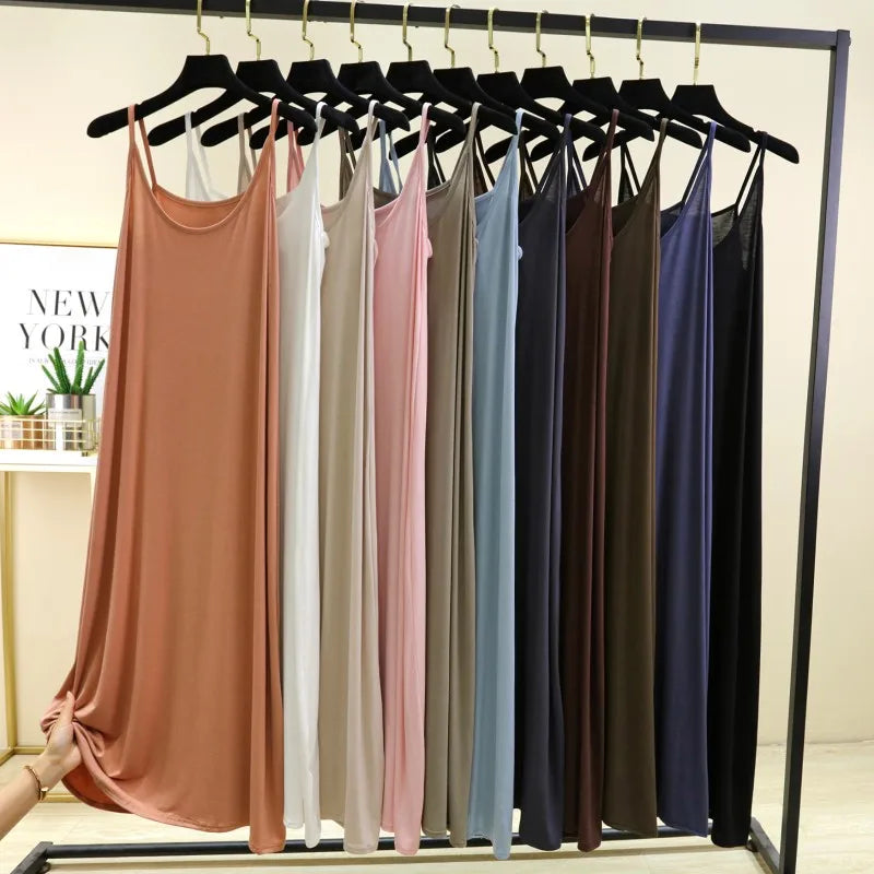 Summer round Neck Modal Dress Thin Long A-Line Dress Vest Strap Dress Loose Base Dress Inner Wear Casual Style No Sleeve Dress