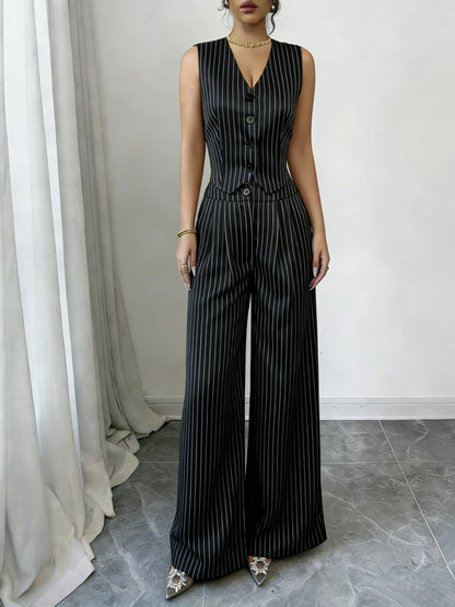 Women's Pinstripe Elegant Trouser Set Sleeveless V Neck Button Vest High Waist Wide Leg Pants Two Piece Set Spring Summer Outfit