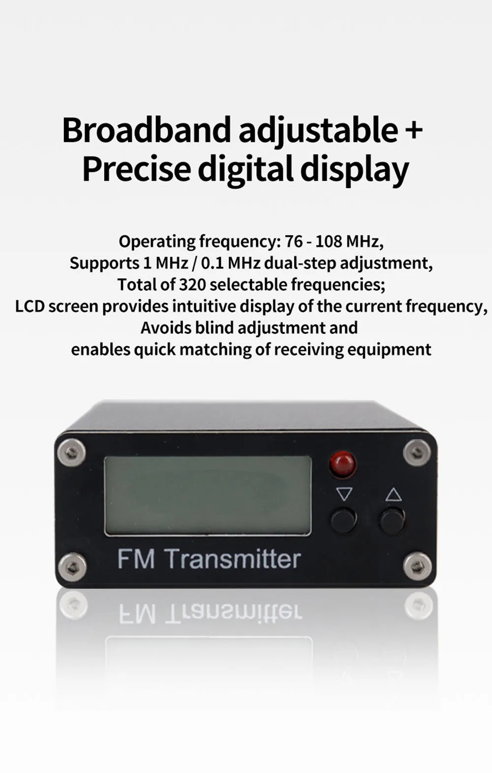 0.5W FM Transmitter 76-108MHz 2KM Range LCD Stereo, 3.5mm AUX USB-C Wireless Audio Broadcast For Car & Church