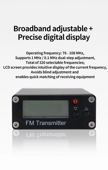 0.5W FM Transmitter 76-108MHz 2KM Range LCD Stereo, 3.5mm AUX USB-C Wireless Audio Broadcast For Car & Church