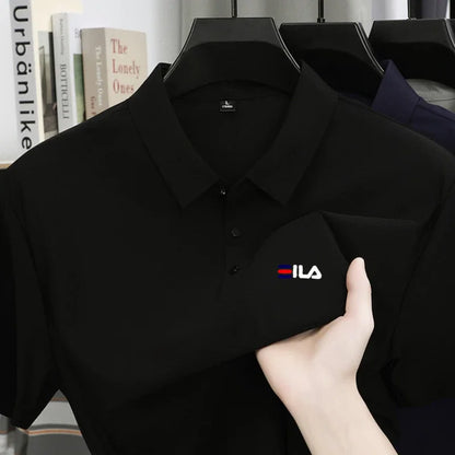 High end ice silk short sleeved men's polo shirt brand printed top summer new comfortable and breathable business casual T-shirt