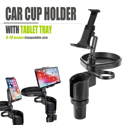 New Car Cup Holder Tray Adjustable with Phone Holder Tablet Tray Table 2 Cup Holders Road Trip & Car Traveling Essential Gadget