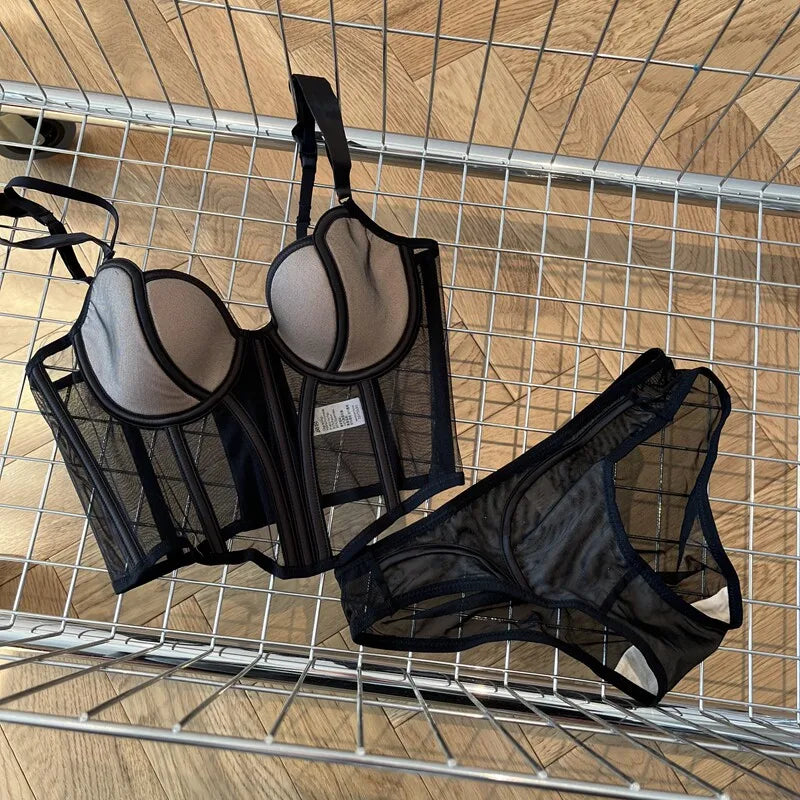 French Long Fishbone Mesh Patchwork Bra Set Slim Shaping Chest Lift Up Sexy Lingerie Outfit Soft Comfortable Underwear S-XL Suit