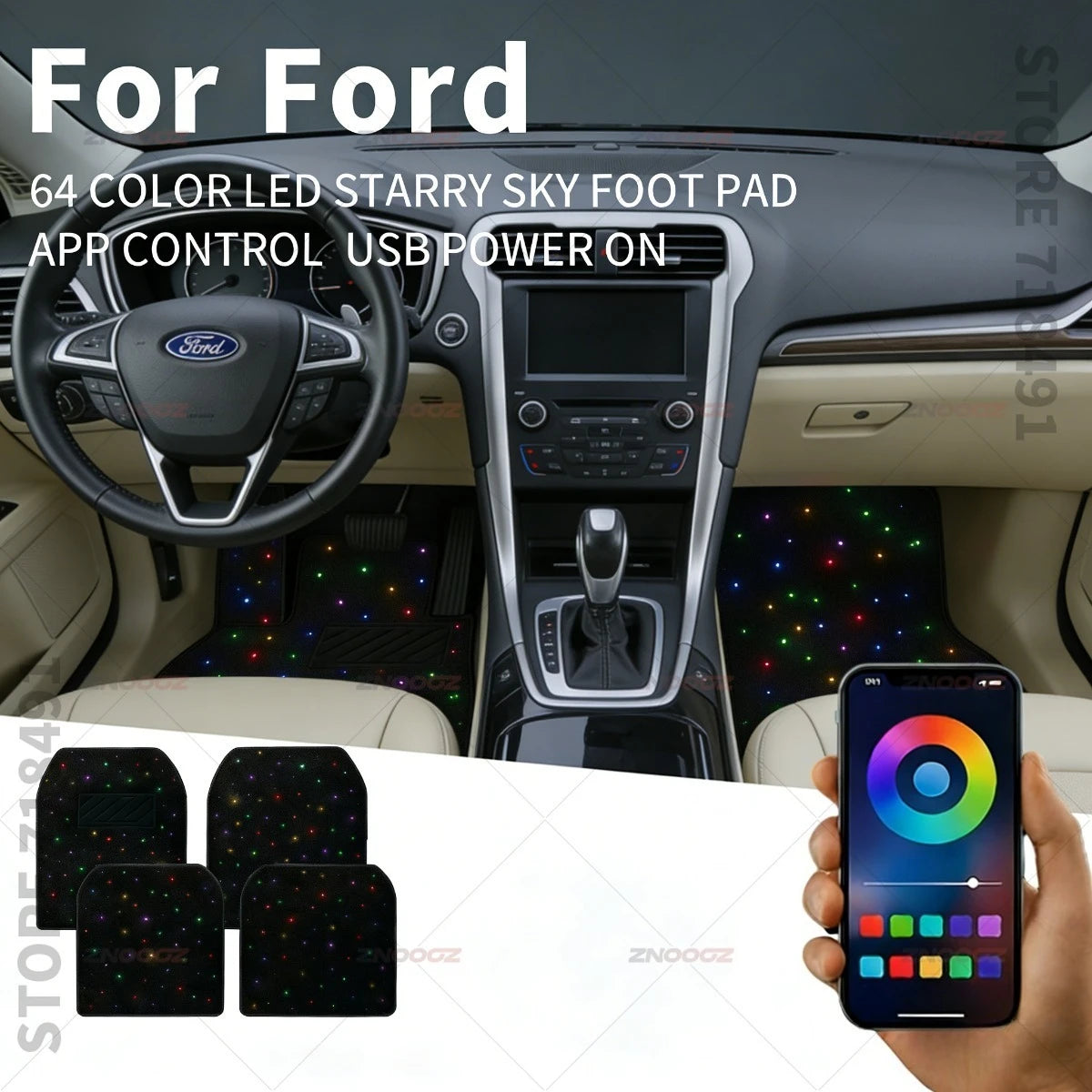 For Ford Super_Duty Expedition F-Series E-Transit Explorer Mustang Transit Ranger USB Car LED Starry Sky Foot Mat DIY Can Be Cut
