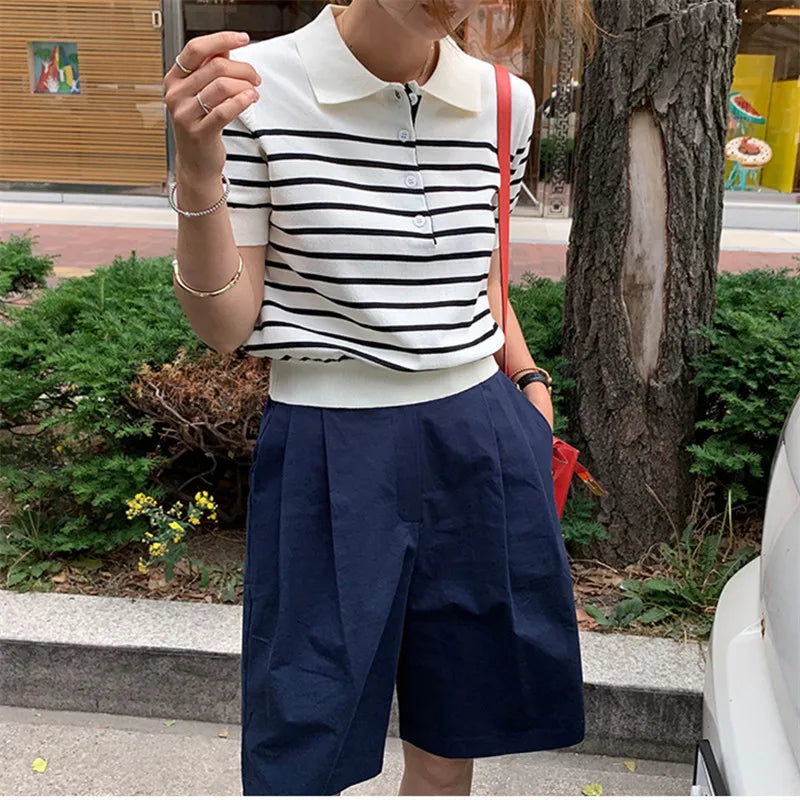 Women's POLO T-shirt Summer New Wool Knitted Short Sleeve Casual Striped Blouse Ladies' Clothes Lapel Pullover Tees Loose Tops