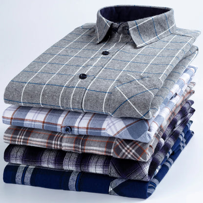 Men's long-sleeved cotton jersey checked shirt - suitable for daily work in all seasons, featuring fashionable style.