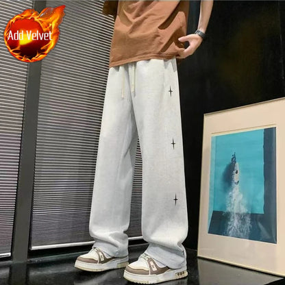 Trendy Star Pattern Jogger Pants Thick Fleece Lining Relaxed Modern Fit Autumn Winter Sports Casual Trousers for Men