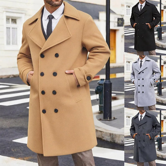 Autumn Winter New European American Men's Double-breasted Woolen Coat Mid-length Trench Coat British Style Warm Outerwear