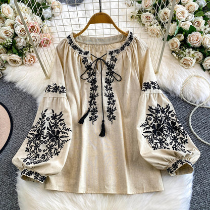 Bohemian Vacation Style Women's Shirt round Neck Lantern Sleeve Embroidery Heavy Work Autumn Design Sense Knot Design Top