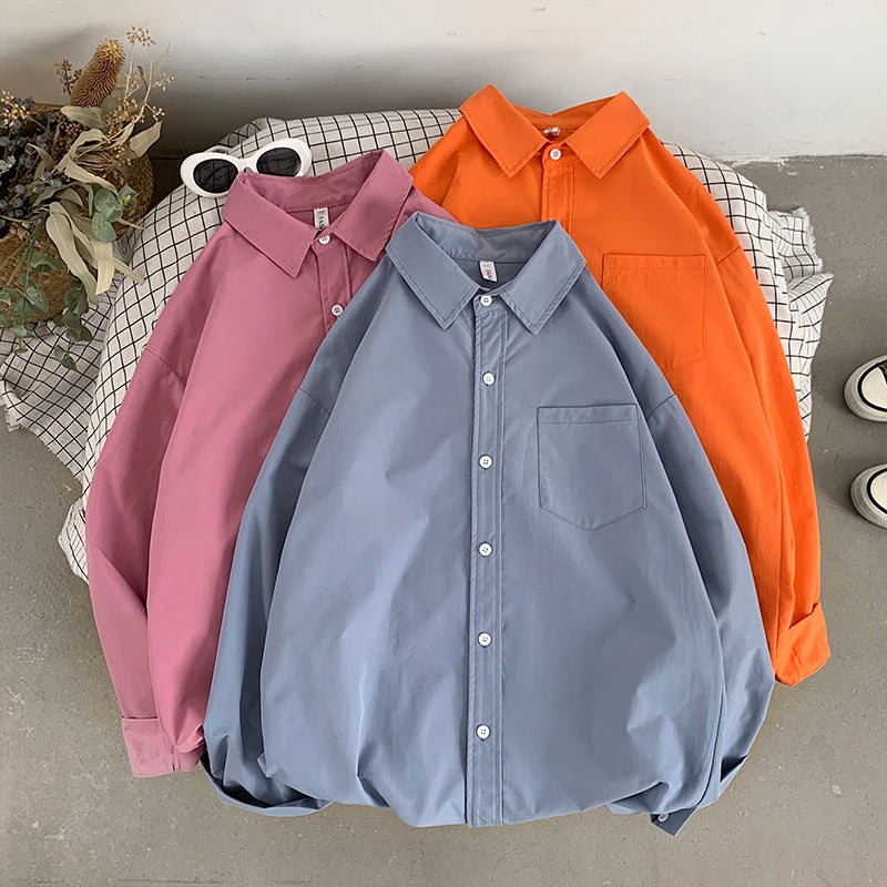 Loose Long Sleeve Pure Color Shirt Women's Basic Style Retro Korean Hong Kong Style Casual Outerwear for Couples Student Fashion