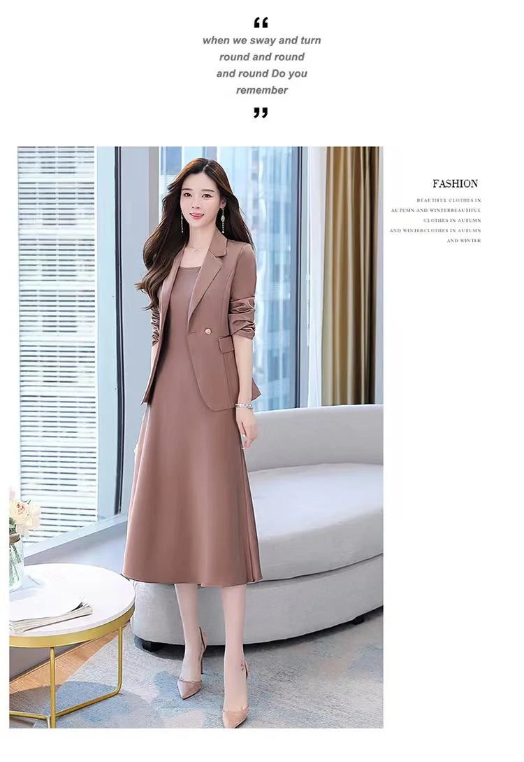 plus Size Women's Dress Suit Set Sleeveless Long Dress with Jacket Autumn Fashion Slimming Two-Piece Set High Waist Korean Style
