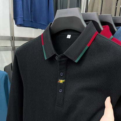 High End Brand Men's Embroidered Long Sleeve 100% Cotton Polo Shirt Business Casual Lapel Fashion Solid Color T-shirt Men's Wear