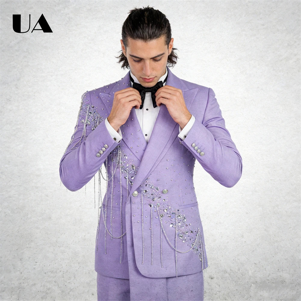 Lilac Wedding Suit for Groom, Rhinestones Tassels 2-Piece Suit Set, XXS-7XL Big & Tall Man Suit Attire Slim Fitting Tuxedo