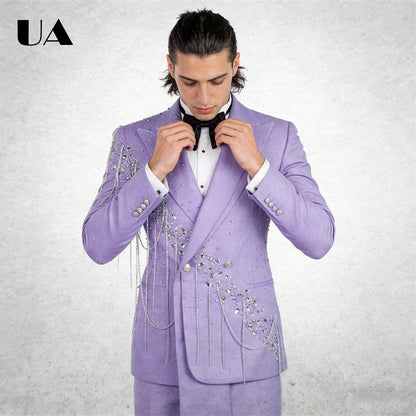 Lilac Wedding Suit for Groom, Rhinestones Tassels 2-Piece Suit Set, XXS-7XL Big & Tall Man Suit Attire Slim Fitting Tuxedo