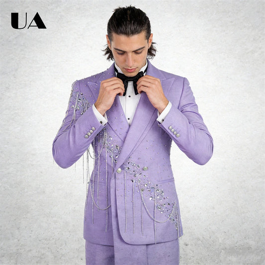Lilac Wedding Suit for Groom, Rhinestones Tassels 2-Piece Suit Set, XXS-7XL Big & Tall Man Suit Attire Slim Fitting Tuxedo