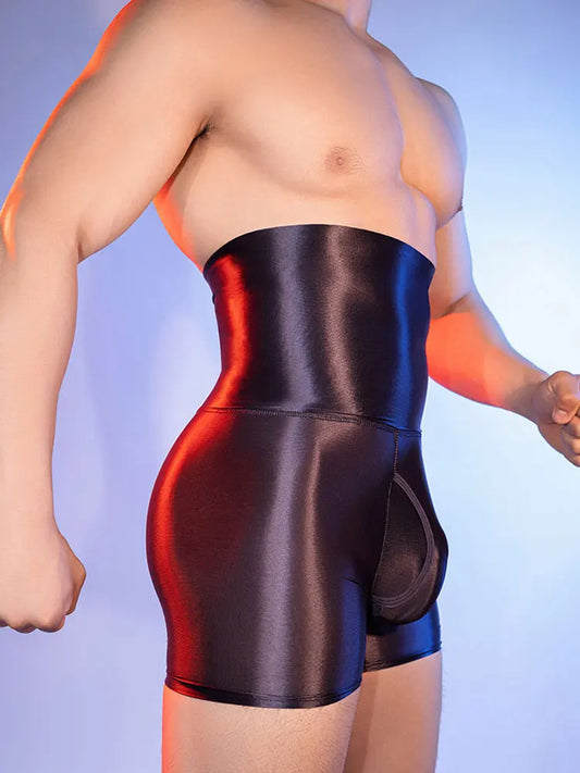 Men's Pants Boxer High Elastic Control Tummy Lift Butt Sexy Shorts U Bulge Pouch Hole Open Oil Shiny Shaper Exotic Man Lingerie