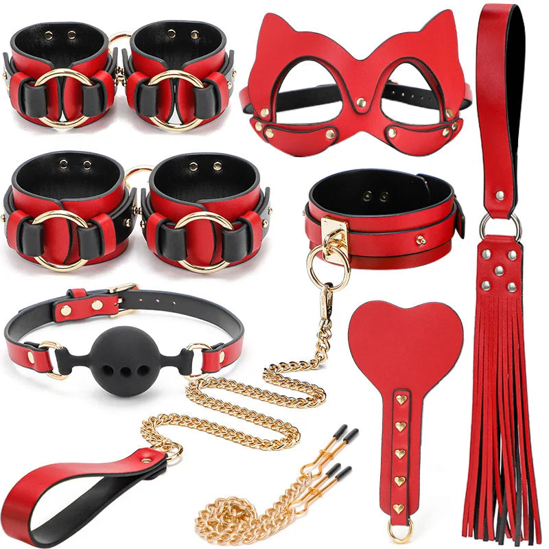 Sexy BDSM Leather Plush Bundle Set, Exotic Sex Toy, Gear Collar, Hip, Oral Erotic Bundle, Eye Mask, Whipping Nipple Clip