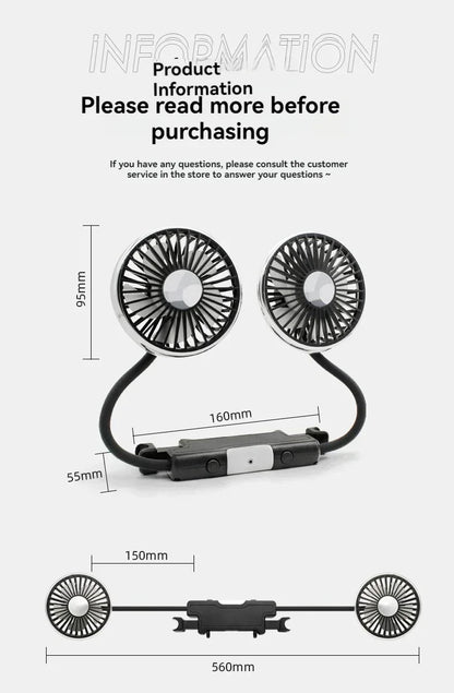 Car Fan 360° Car Seat Back Cooling Fan USB Charge Dual Head Fan Adjustable Rotation Neck Cooler for Car Home Accessories