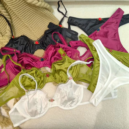 4 Color Fashion Women Lingerie Set Sexy Lace Ultra Thin Comfort Bra French Silk Satin Underwear Bralette Ladies Bras and Thongs