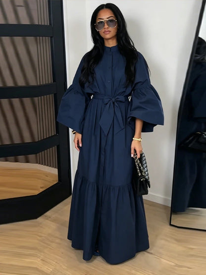 Casual Women Dress Belt Cinched Waist Long Sleeve High Collar Solid Single Breasted Female Dress Chic Lady Commute Summer 2026