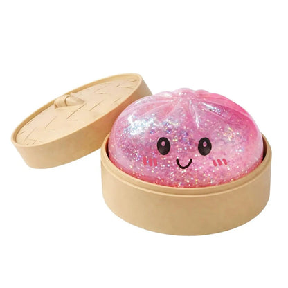 Mini Dumpling Squeeze Toy with Bamboo Steamer, Soft TPR Dough Ball, Realistic Decompression Fidget Toy, Stress Relief Gift