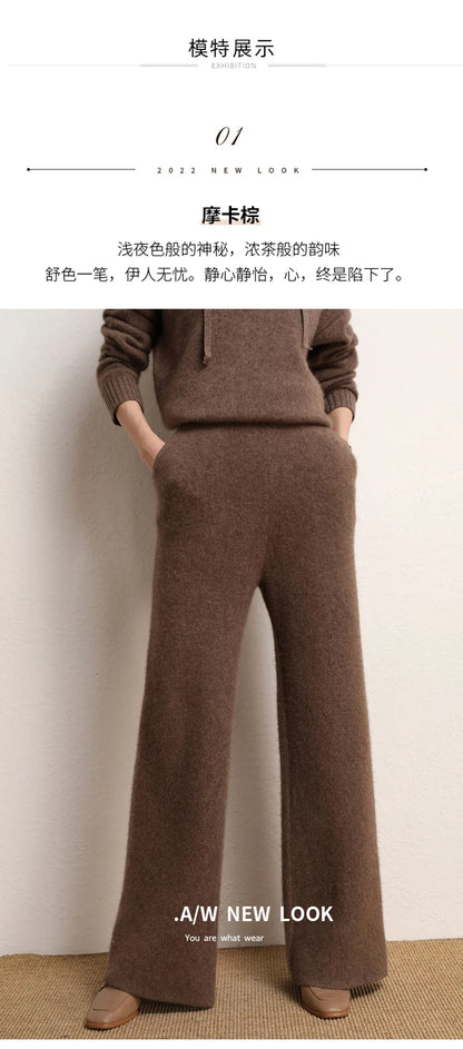 Women's 100% Cashmere Wide Leg Pants Knitted Thick Autumn/Winter Casual Solid Color Elastic Waistband Pockets