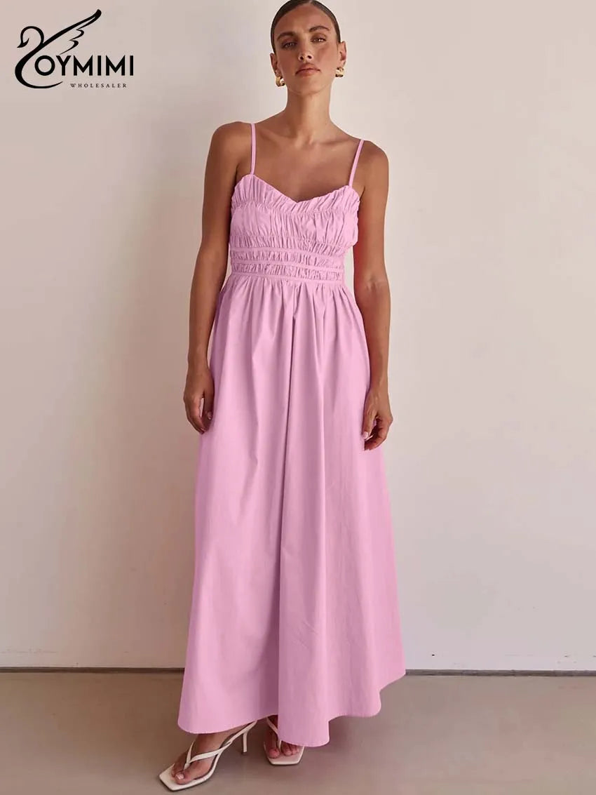 Oymimi Fashion Pink Cotton Women's Dress Elegant Spaghetti Strap Open Back Solid Dresses Casual High Waist Ankle-Length Dresses