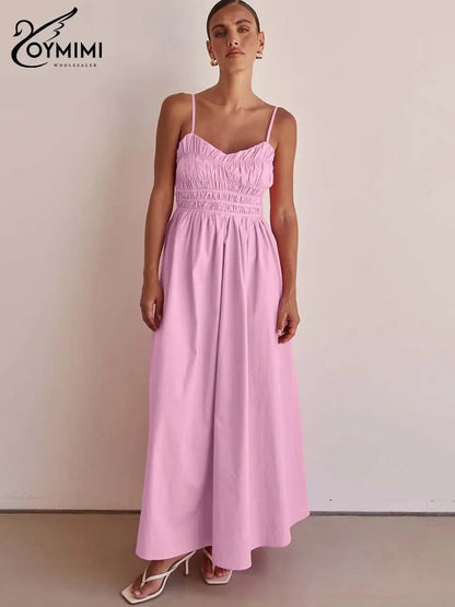 Oymimi Fashion Pink Cotton Women's Dress Elegant Spaghetti Strap Open Back Solid Dresses Casual High Waist Ankle-Length Dresses