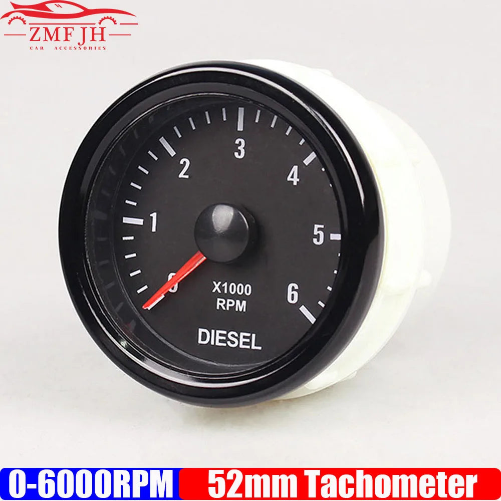 New 52MM 0-6000 RPM Tachometer White Backlight Tacho Meter Electrical Tachometer Gauge For 1-20 Cylinder Diesel Engine Car 12V