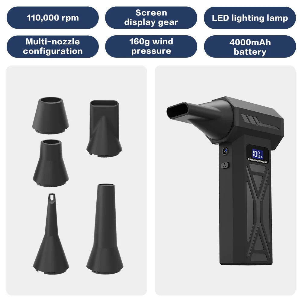 Violent Fan 105000RPM Car Fan Cleaning Blower Turbo Fan Electric Air Duster Portable Type-C Charging Turbo Jet Fan Blowing Snow