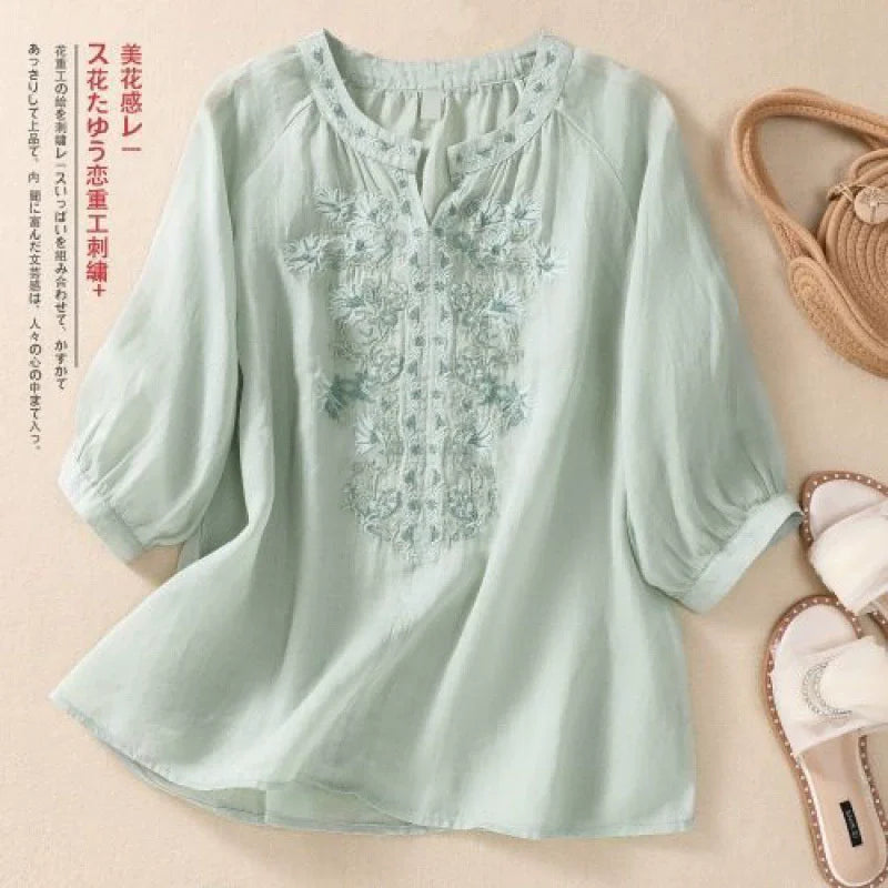 Fashion Thin Cotton Linen Y2k Tops Tee Women Clothing Summer Loose T Shirts Woman Embroidered T-shirt Blusa Casual Ladies tshirt