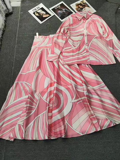 2026 Summer Women's Clothing Retro Geometric Print Lapel Long Sleeve Shirt Two-piece Set + Loose A-Line Skirt Fashion Suit