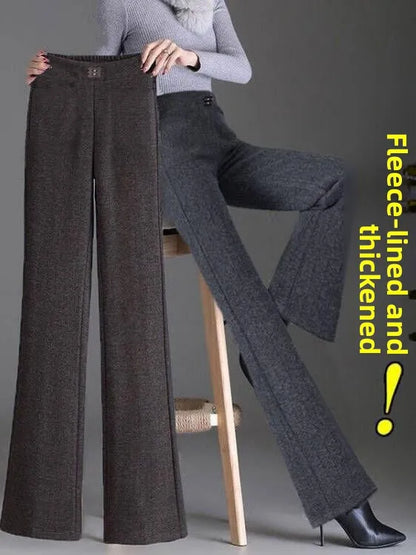 Women's Woolen Flared Pants High Waist Elastic Polyester Fiber Warm Casual Trousers for Autumn Winter 2025 New Style