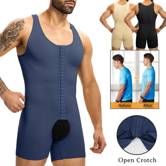 Men's Sleeveless Bodysuit Compression Full Body Shaper Hook Closure Underwear Open Crotch Butt Lifter Faja Tummy Control Vest