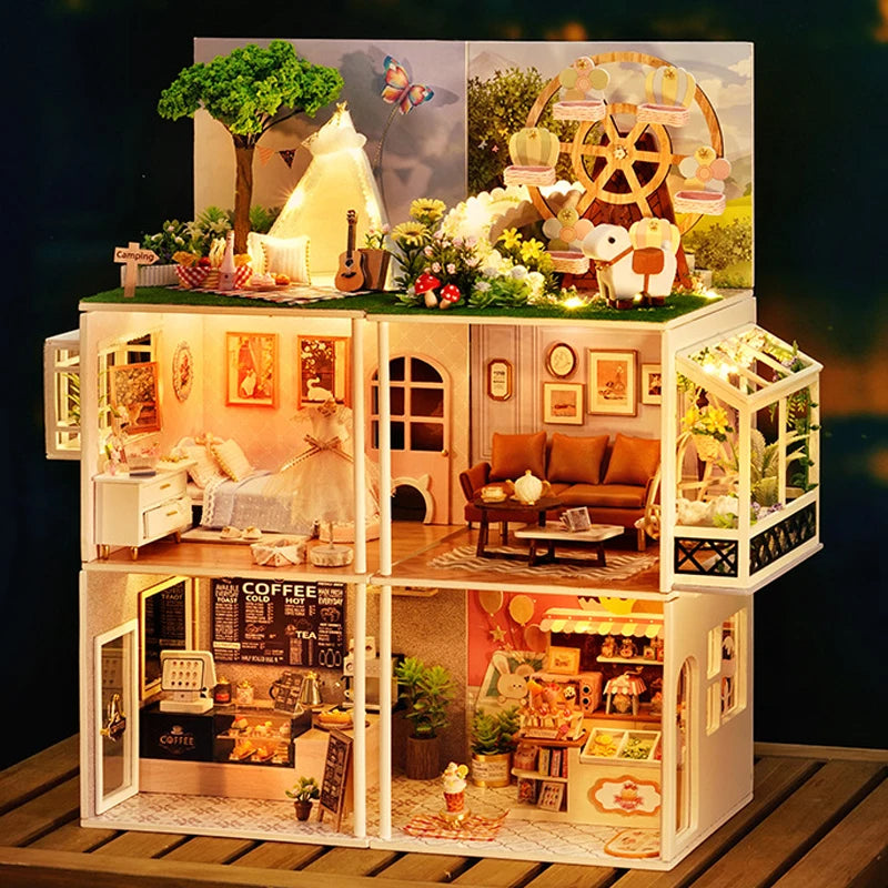 DIY Wooden DollHouse Leisurely Coffee Shop Dollhouses Scene Model Miniature Doll House Wooden Assembly Model Toys For Xmas Gifts