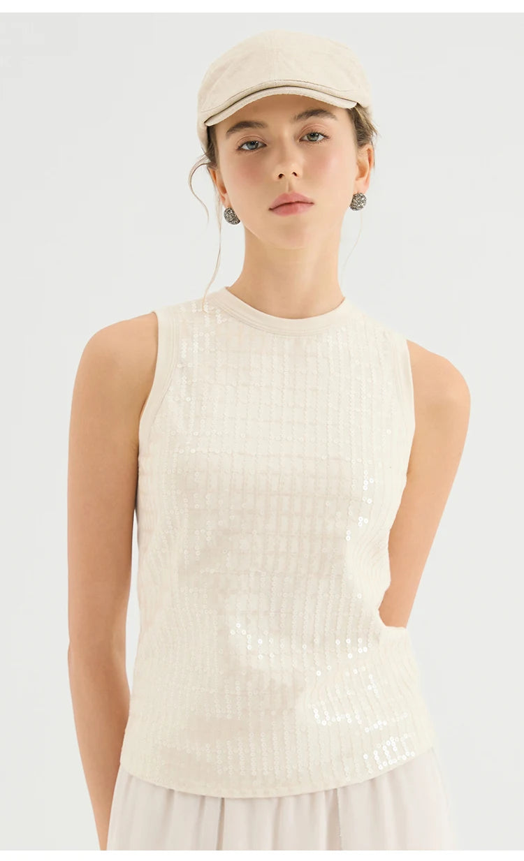 KX7613768 Luxury Chic Glitter Blouse Women's Viscose Elastane Sequin Tank Top Polyester Lining Fitted Vest