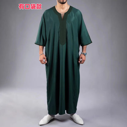 2026 New Model Men's Clothing With Embroidered Mid-sleeves And Side Pockets Robe Abaya Ramadan Dubai Luxury Islam Elegant
