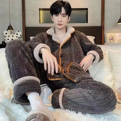 Winter Men's Sleep Pyjamas Coral Velvet Thickened and Fleece Long Sleeve Trousers Flannel Two-piece Set Thermal Pajamas