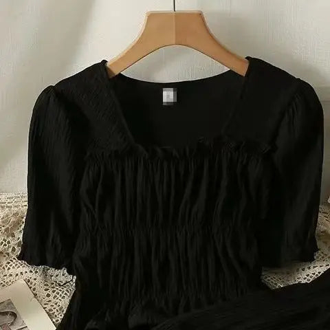 Summer 2025 New Folded Square Collar Bubble Sleeve Shirt High Waist Loose Casual Wide Leg Pants Two Piece Set Women's Fashion