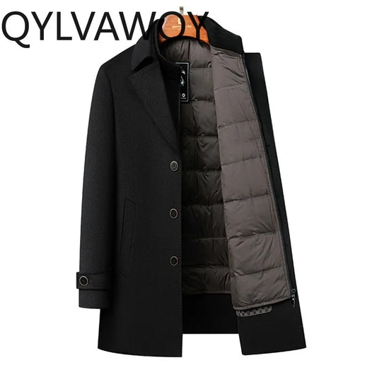 QYLVAWOY 70% Real Wool Man Jacket Winter Jackets Detachable Goose Down Liner Men's Wool and Trench Coats Business Man Clothes