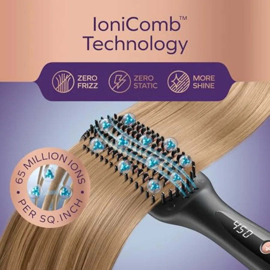 Professional Dual Voltage Hair Straightener Brush, Hair Straightening Brush w/Ions for Healthy, Anti Frizz, Flat Iron Comb w/ 1