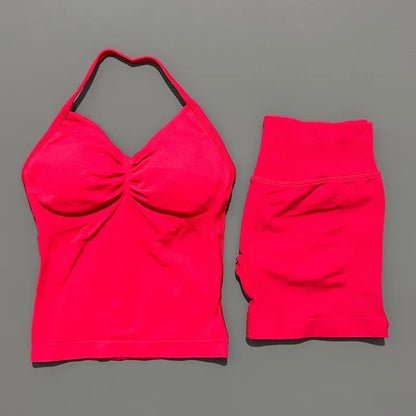 HISTELLO 2 Pieces Sports Set Women Yoga Longline Strap Top Scrunch Seamless Shorts Sport Gym Set Sportswear Workout Fitness Set
