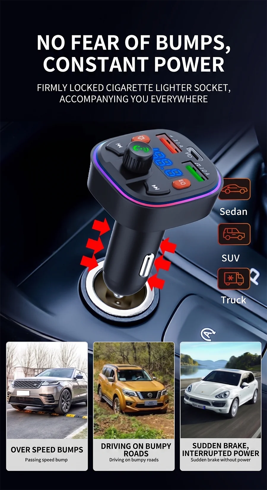 Car Bluetooth 5.0 FM Transmitter Audio Adapter RGB Colorful Light Triple Port PD Fast Charger And USB & One-Key Deep Bass Boost