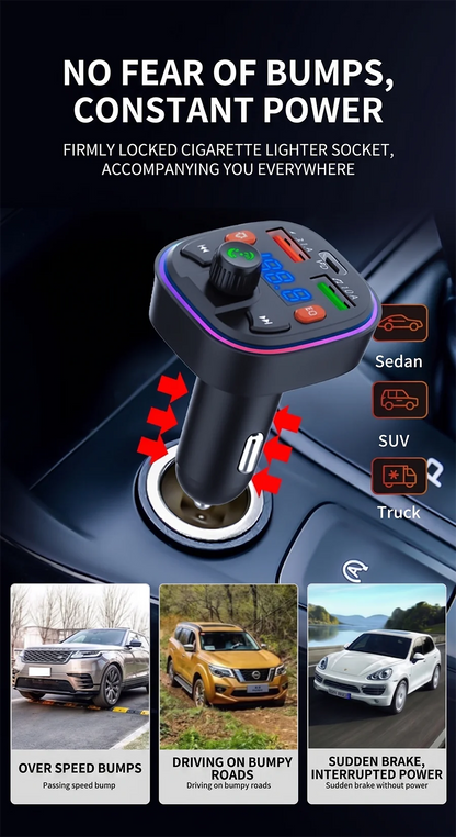 Car Bluetooth 5.0 FM Transmitter Audio Adapter RGB Colorful Light Triple Port PD Fast Charger And USB & One-Key Deep Bass Boost