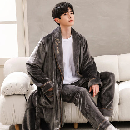 Thiened Long Coral Fce Pajamas Women's Spwear Winter Home Clothes Couple Batobes Men's plus Size Flannel Gown